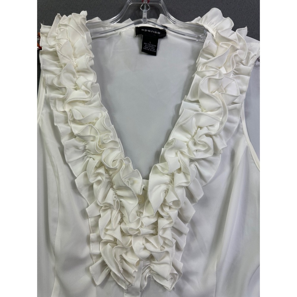 Spense Women Ivory Ruffle V-Neck Sleeveless Button Front Blouse Large